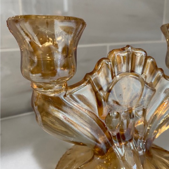 SOLD: Vintage 1930s Jeanette glass company gold carnival glass candlestick - Picture 1 of 4